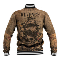 Brown pirate baseball jacket with REVENGE back print, striped ribbed collar and cuffs.