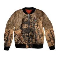 Kraft bomber jacket front with full zipper and pirate skull map art, ribbed hem and cuffs