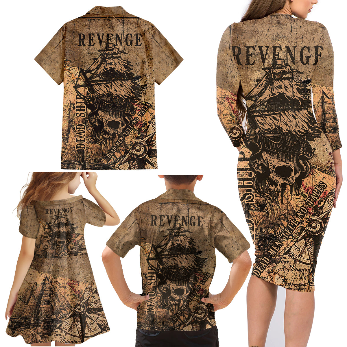 Skull Pirate Family Matching Long Sleeve Bodycon Dress and Hawaiian Shirt Revenge Vintage Style Art - Wonder Print Shop