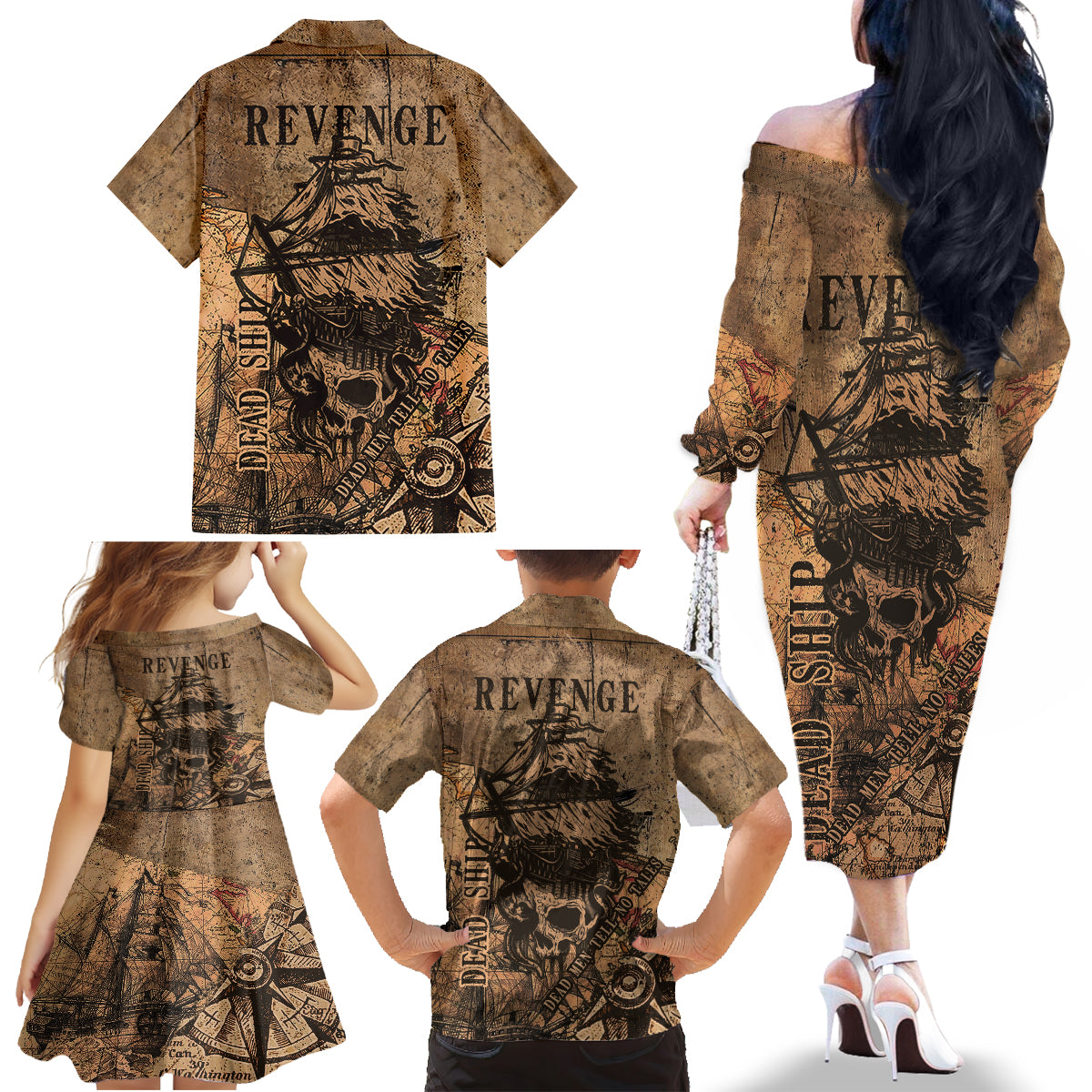 Skull Pirate Family Matching Off Shoulder Long Sleeve Dress and Hawaiian Shirt Revenge Vintage Style Art - Wonder Print Shop