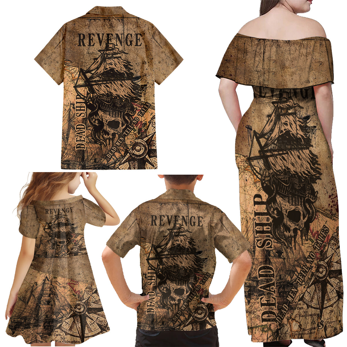 Skull Pirate Family Matching Off Shoulder Maxi Dress and Hawaiian Shirt Revenge Vintage Style Art - Wonder Print Shop