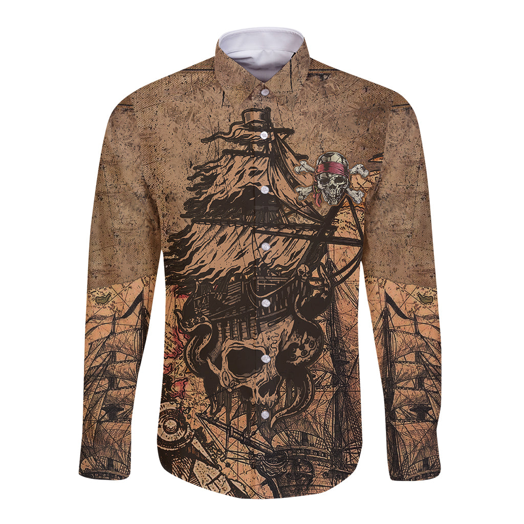 Pirate long-sleeve button shirt, kraft brown, front skull and ship illustration