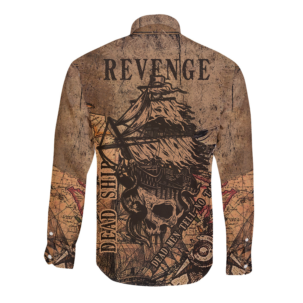 Men's pirate long-sleeve button shirt, kraft brown, back REVENGE skull graphic