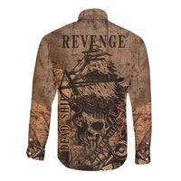 Men's pirate long-sleeve button shirt, kraft brown, back REVENGE skull graphic