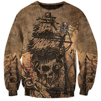 Unisex kraft brown sweatshirt with front pirate skull and cannon ship illustration