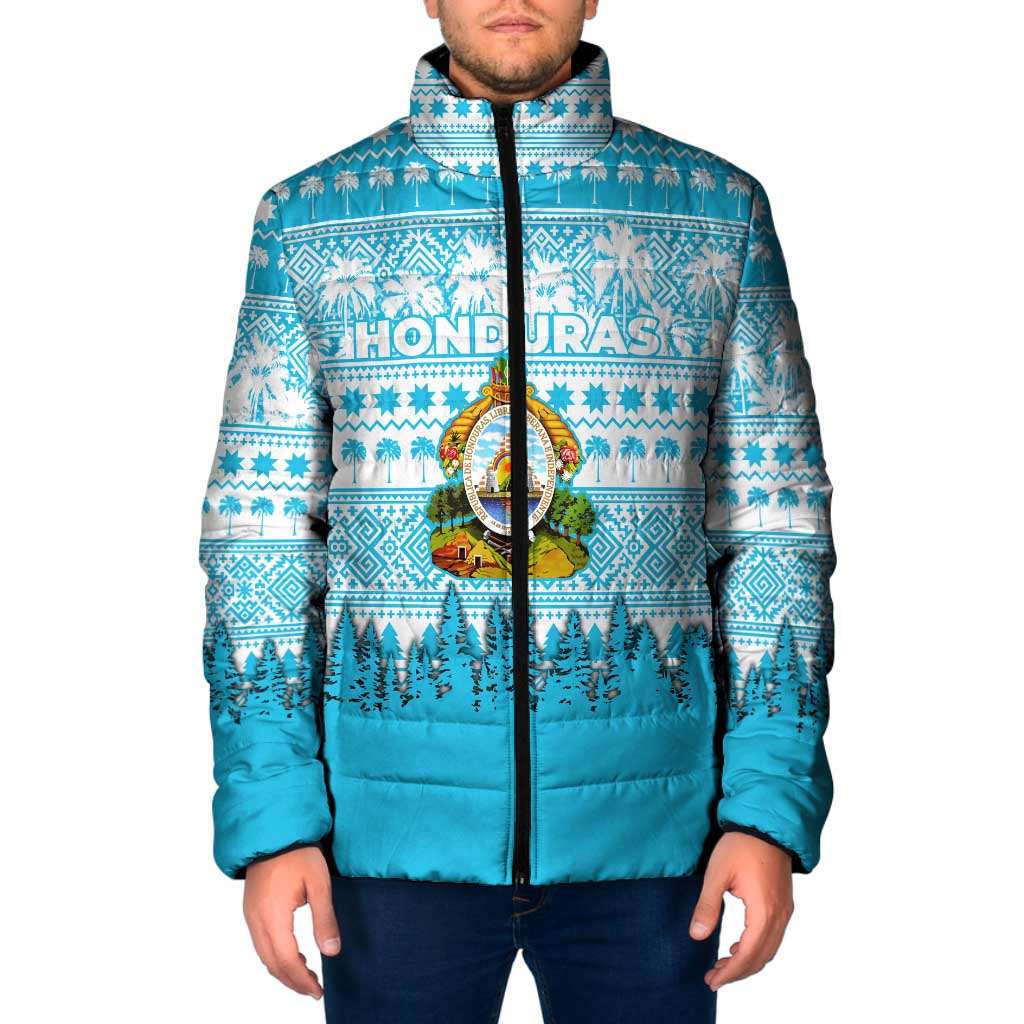 Honduras Christmas Padded Jacket with National Emblem Palm Trees and Snowflake Pattern Design - Wonder Print Shop