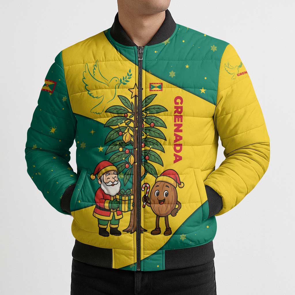Grenada Christmas Bomber Puffer Jacket with Santa Nutmeg Tree Peace Dove and Festive Gift Design - Wonder Print Shop