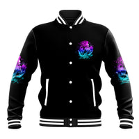Black varsity baseball jacket with small purple/blue mermaid graphic, snap button front