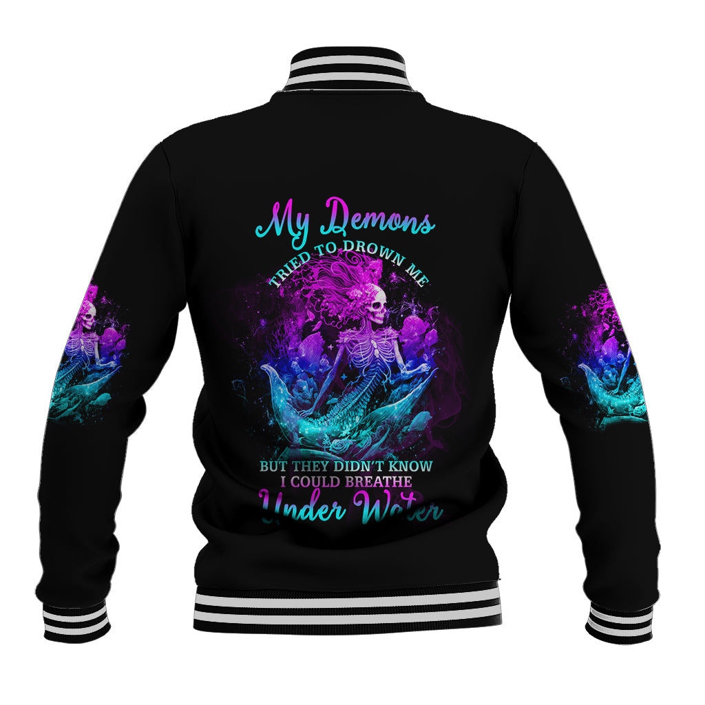 Black mermaid graphic baseball jacket with ribbed striped cuffs and button-front