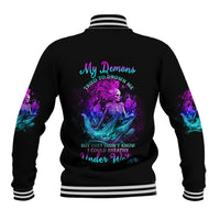 Black mermaid graphic baseball jacket with ribbed striped cuffs and button-front