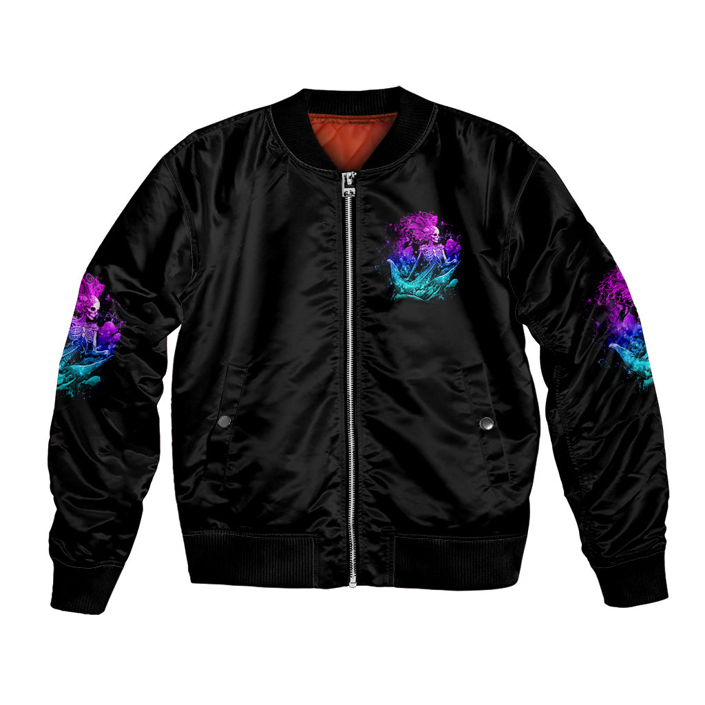 Black bomber jacket, front zipper; multicolor neon skull chest graphic