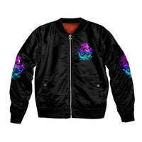 Black bomber jacket, front zipper; multicolor neon skull chest graphic