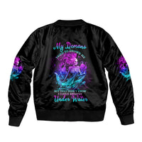 Black bomber jacket with multicolor skull under-water back graphic and ribbed cuffs