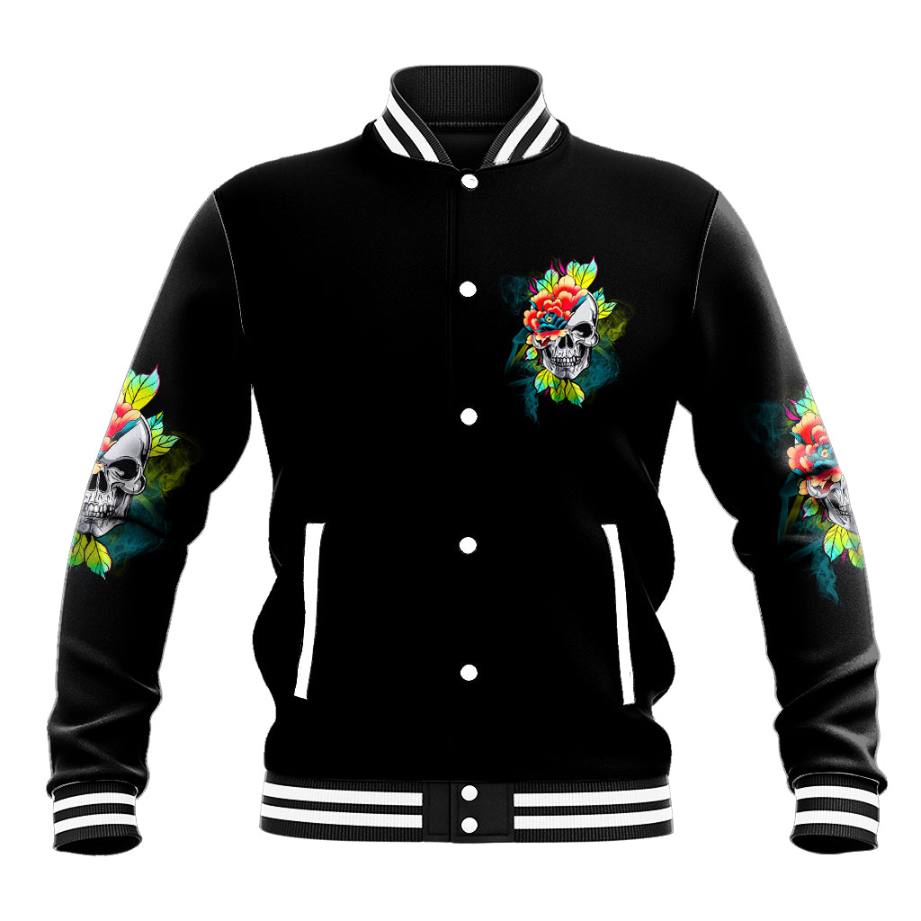 Black baseball jacket with striped ribbed collar, button front, and front skull-flower graphic