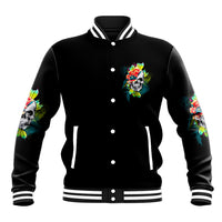 Black baseball jacket with striped ribbed collar, button front, and front skull-flower graphic