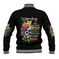 Black baseball jacket with striped ribbed collar and large back skull-and-flower graphic