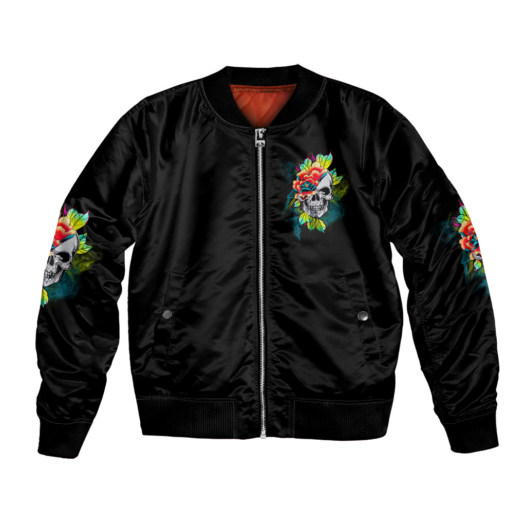 Black satin bomber jacket, full front zipper, multicolor skull-flower chest graphic