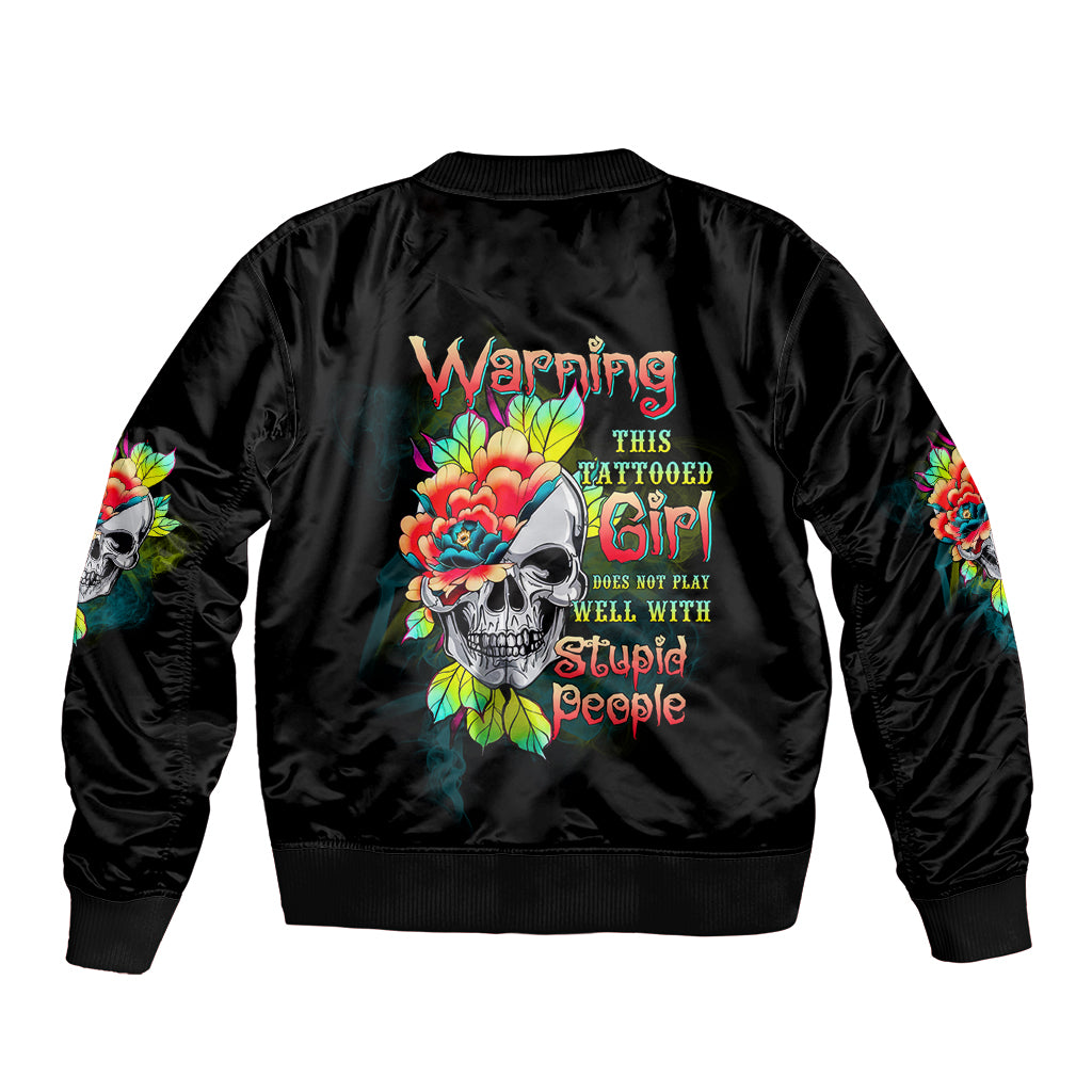 Black satin bomber jacket with ribbed collar and cuffs, multicolor skull-flower back graphic