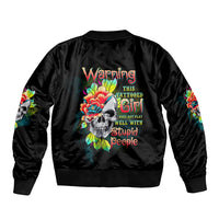 Black satin bomber jacket with ribbed collar and cuffs, multicolor skull-flower back graphic