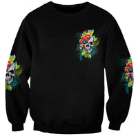 Black unisex sweatshirt with small floral skull tattoo graphic and sleeve art
