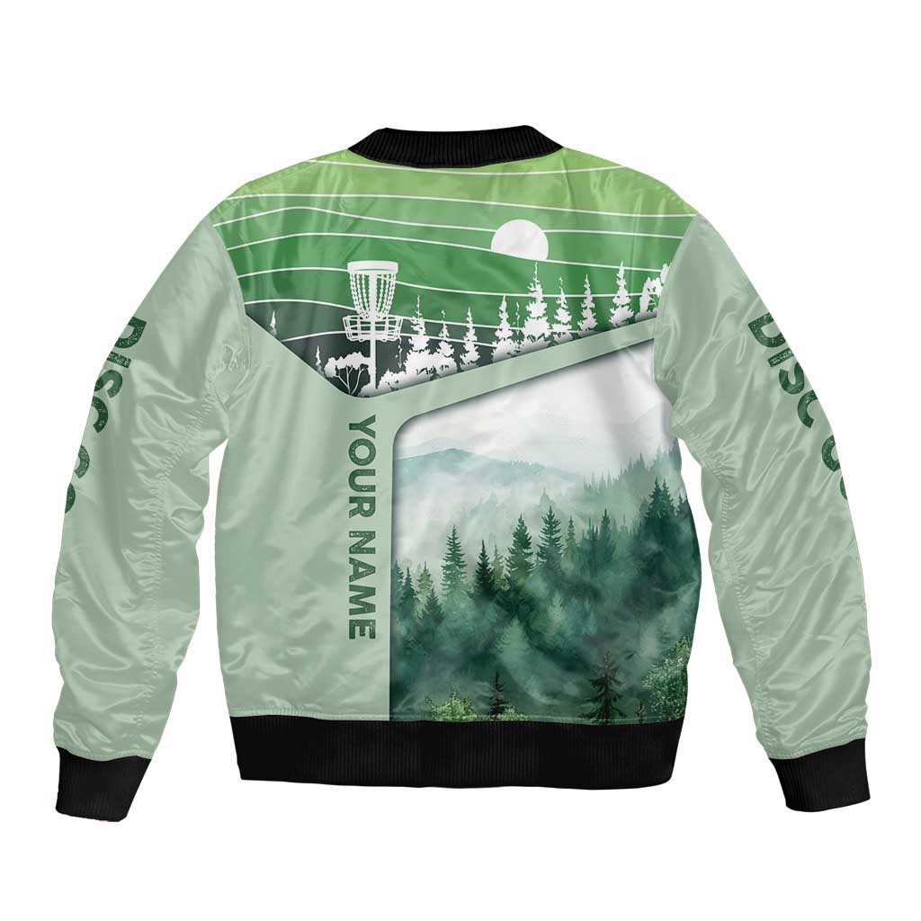 Custom Disc Golf Bomber Jacket with Forest Landscape Basket Silhouette - Wonder Print Shop