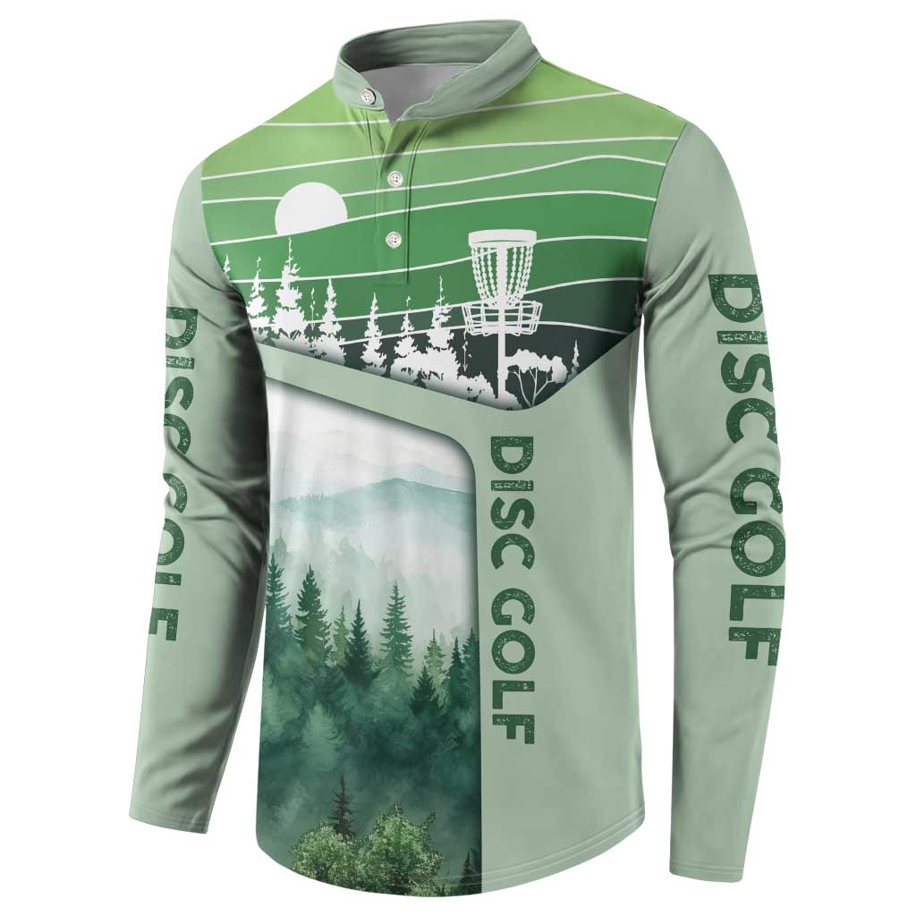 Custom Disc Golf Button Sweatshirt with Forest Landscape Basket Silhouette - Wonder Print Shop