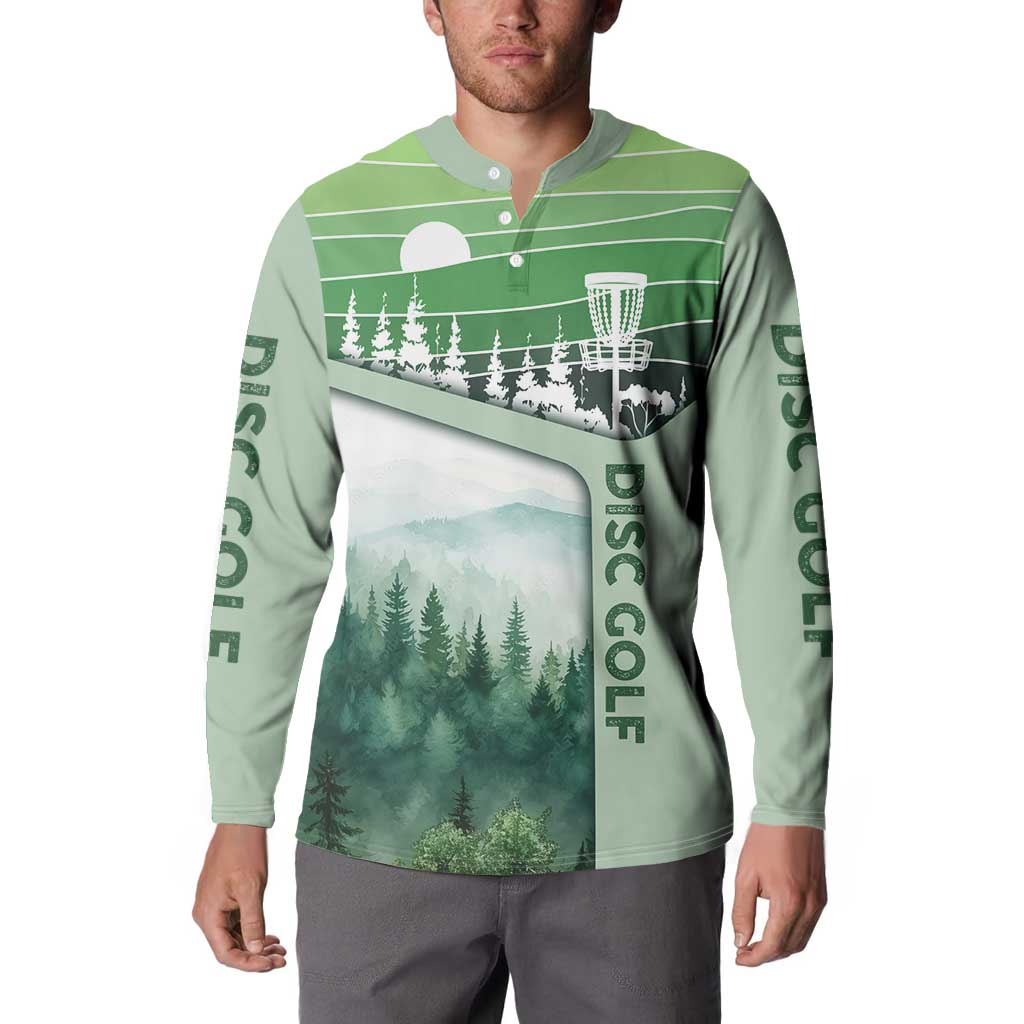 Custom Disc Golf Button Sweatshirt with Forest Landscape Basket Silhouette - Wonder Print Shop