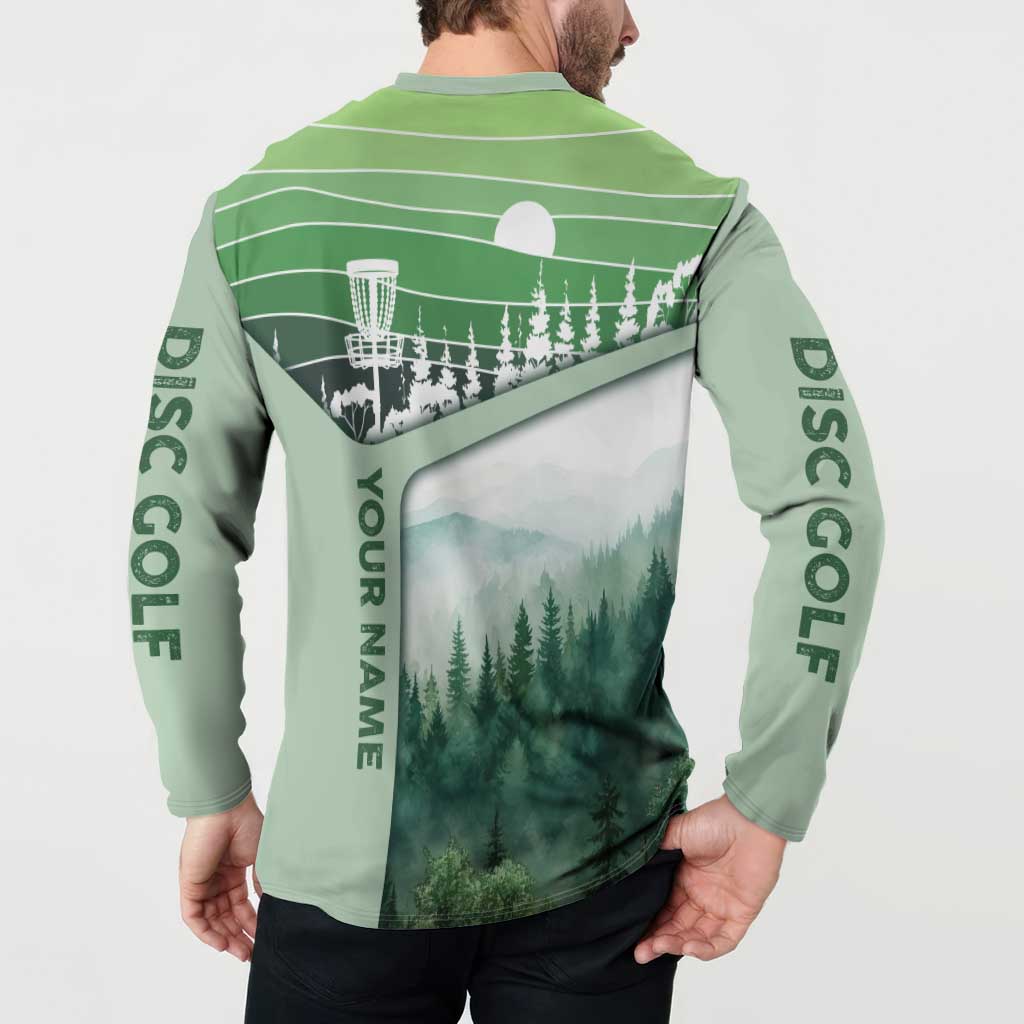 Custom Disc Golf Button Sweatshirt with Forest Landscape Basket Silhouette - Wonder Print Shop
