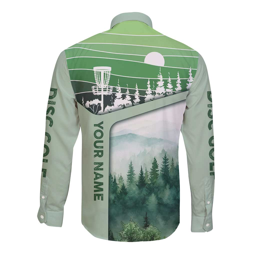Custom Disc Golf Long Sleeve Button Shirt with Forest Landscape Basket Silhouette - Wonder Print Shop
