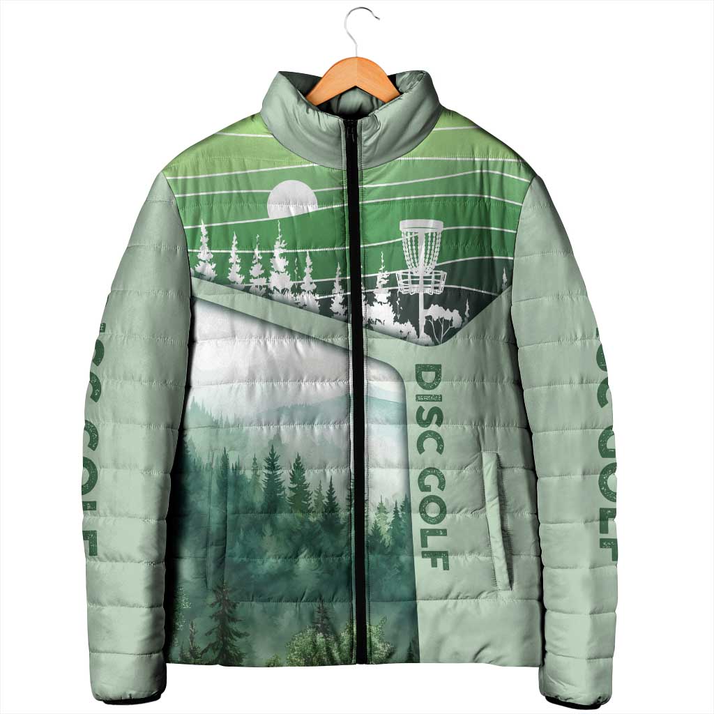 Custom Disc Golf Padded Jacket with Forest Landscape Basket Silhouette - Wonder Print Shop