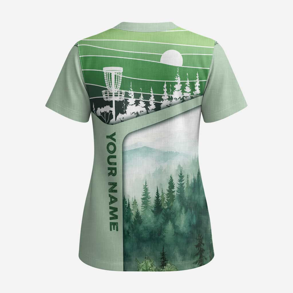 Custom Disc Golf Scrub Top with Forest Landscape Basket Silhouette - Wonder Print Shop