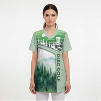 Custom Disc Golf Scrub Top with Forest Landscape Basket Silhouette - Wonder Print Shop