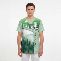 Custom Disc Golf Scrub Top with Forest Landscape Basket Silhouette - Wonder Print Shop