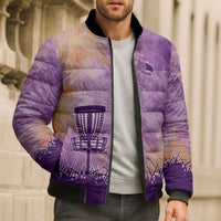 Custom Disc Golf Bomber Puffer Jacket with Purple Sunset Tie Dye Basket and Player Silhouette - Wonder Print Shop