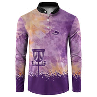 Custom Disc Golf Button Sweatshirt with Purple Sunset Tie Dye Basket and Player Silhouette - Wonder Print Shop