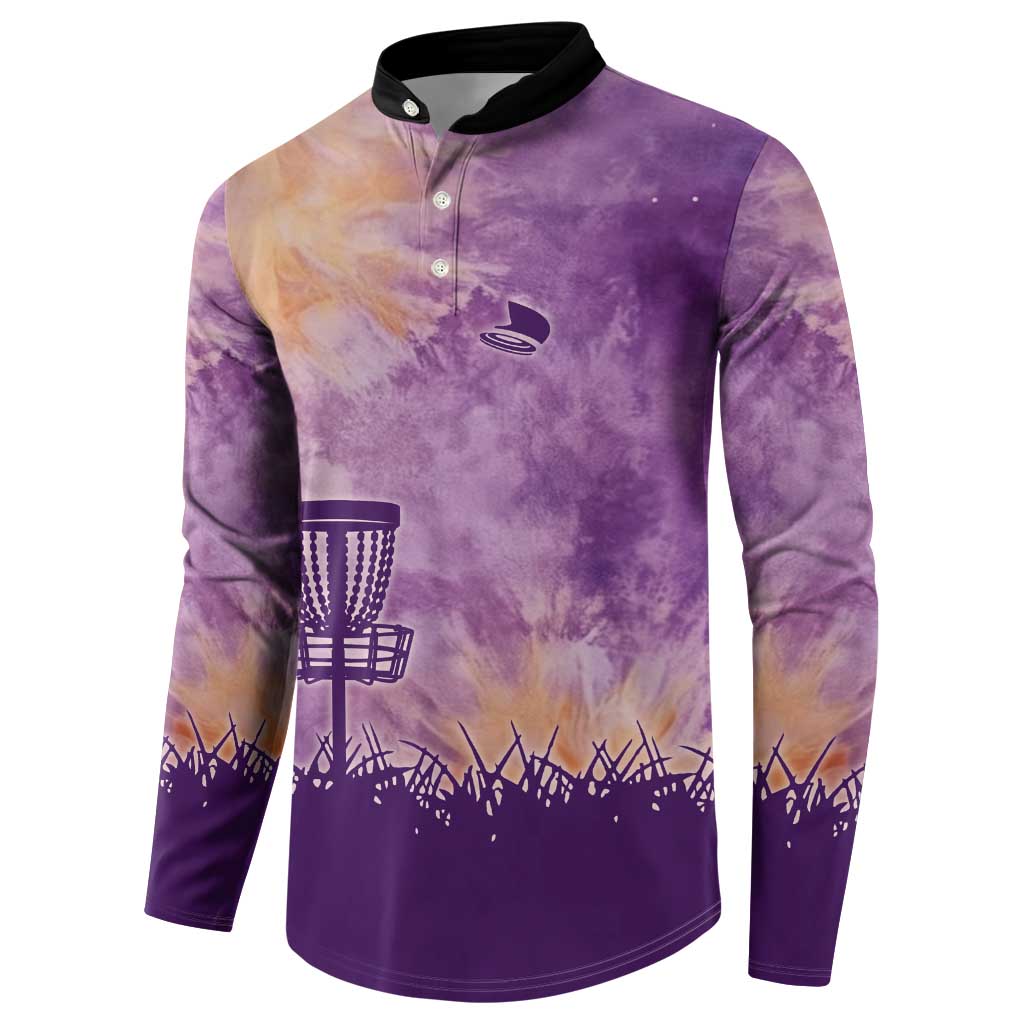 Custom Disc Golf Button Sweatshirt with Purple Sunset Tie Dye Basket and Player Silhouette - Wonder Print Shop