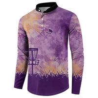 Custom Disc Golf Button Sweatshirt with Purple Sunset Tie Dye Basket and Player Silhouette - Wonder Print Shop