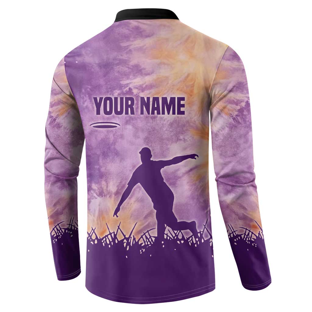 Custom Disc Golf Button Sweatshirt with Purple Sunset Tie Dye Basket and Player Silhouette - Wonder Print Shop