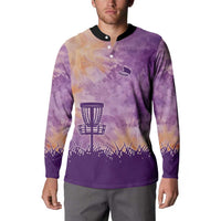 Custom Disc Golf Button Sweatshirt with Purple Sunset Tie Dye Basket and Player Silhouette - Wonder Print Shop