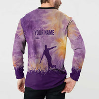 Custom Disc Golf Button Sweatshirt with Purple Sunset Tie Dye Basket and Player Silhouette - Wonder Print Shop