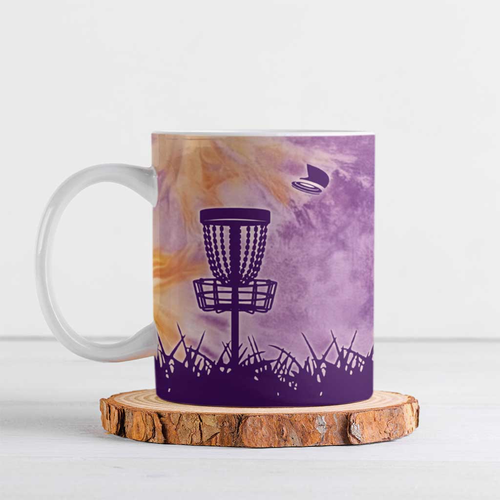 Custom Disc Golf Ceramic Mug with Purple Sunset Tie Dye Basket and Player Silhouette - Wonder Print Shop