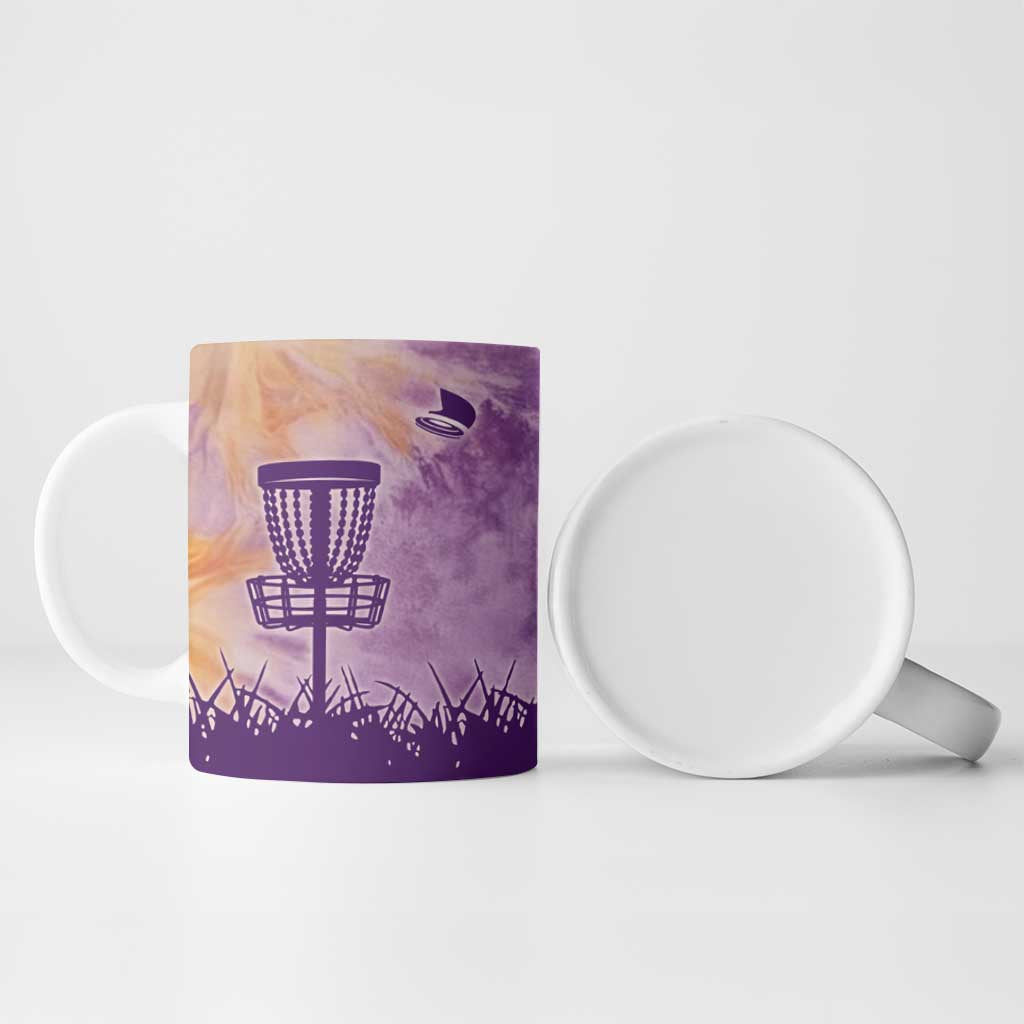 Custom Disc Golf Ceramic Mug with Purple Sunset Tie Dye Basket and Player Silhouette - Wonder Print Shop