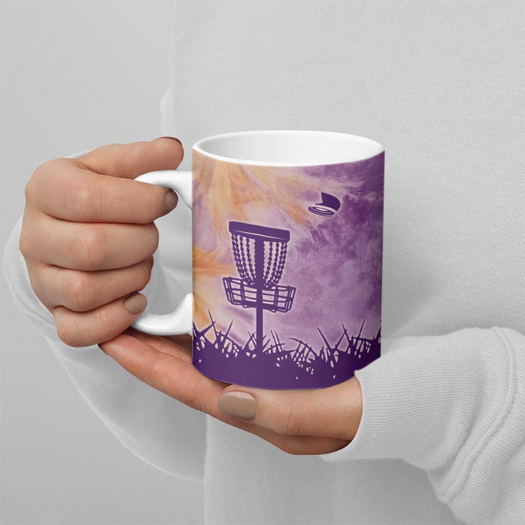 Custom Disc Golf Ceramic Mug with Purple Sunset Tie Dye Basket and Player Silhouette - Wonder Print Shop