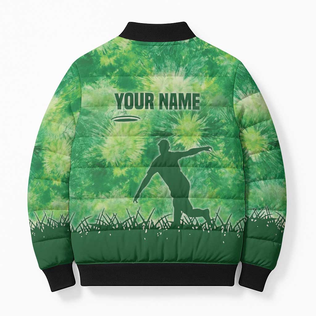 Custom Disc Golf Bomber Puffer Jacket with Green Tie Dye Basket and Player Silhouette - Wonder Print Shop