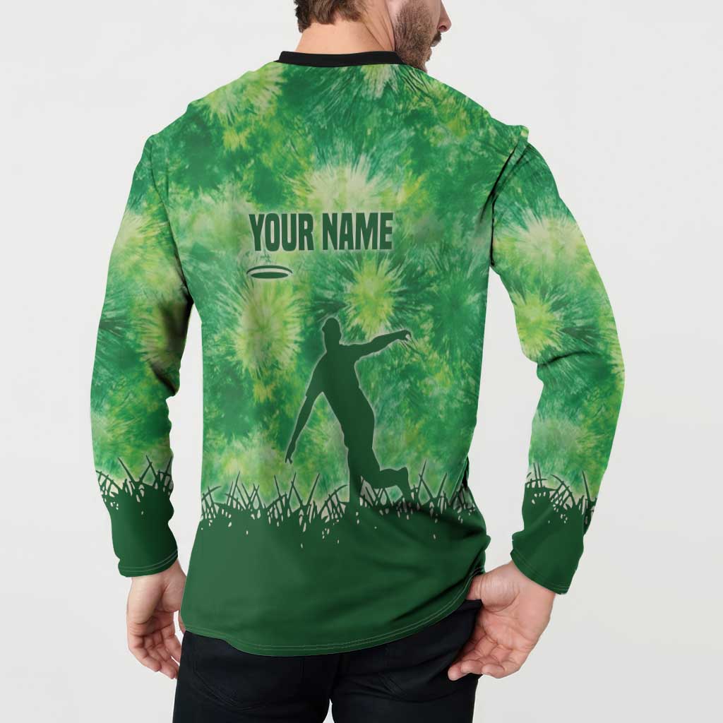 Custom Disc Golf Button Sweatshirt with Green Tie Dye Basket and Player Silhouette - Wonder Print Shop