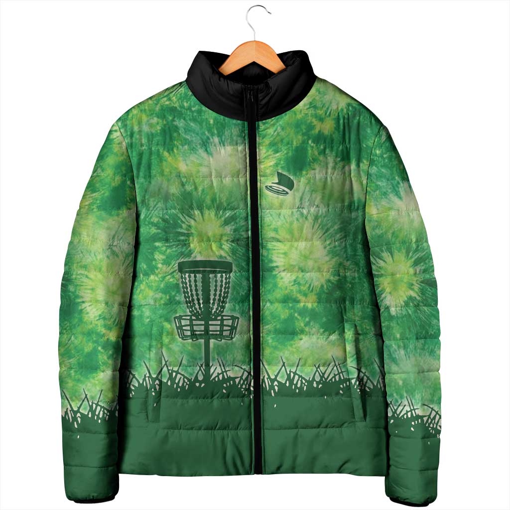 Custom Disc Golf Padded Jacket with Green Tie Dye Basket and Player Silhouette - Wonder Print Shop