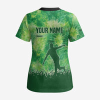 Custom Disc Golf Scrub Top with Green Tie Dye Basket and Player Silhouette - Wonder Print Shop