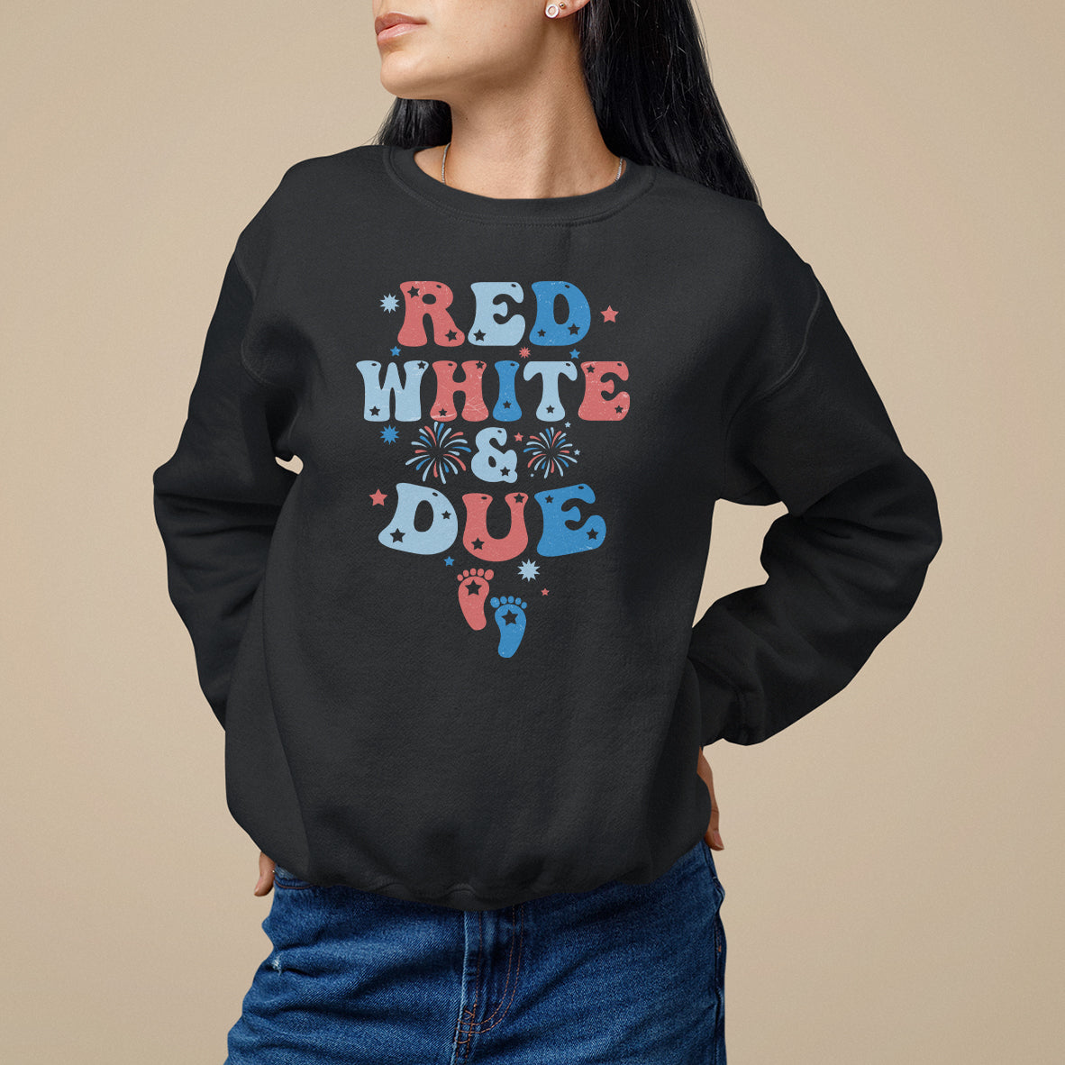 Pregnancy announcement sweatshirt, dark black with “RED WHITE & DUE” patriotic graphic