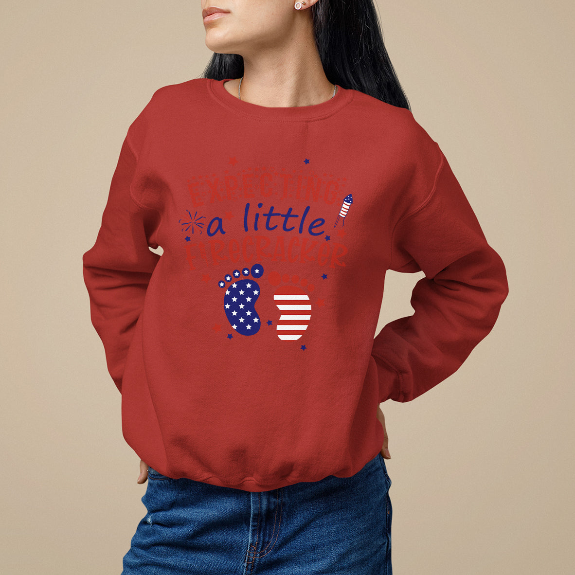 Red pregnancy announcement sweatshirt with expecting a little firecracker graphic and flag circles