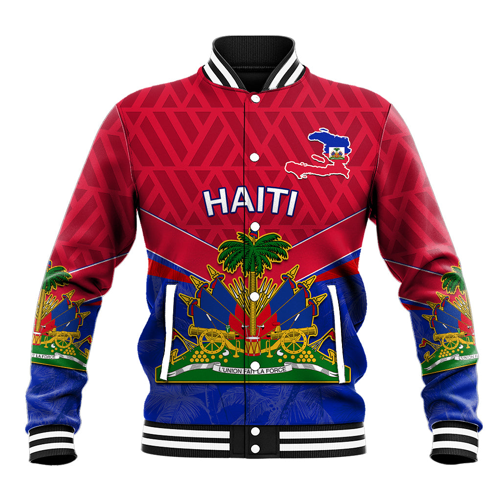 Red and blue varsity baseball jacket with Haiti text and crest on front
